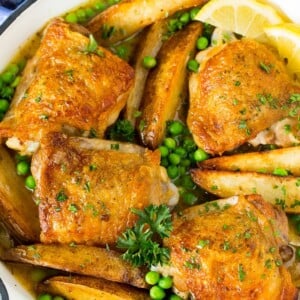 Chicken Vesuvio with peas and potatoes in white wine sauce.