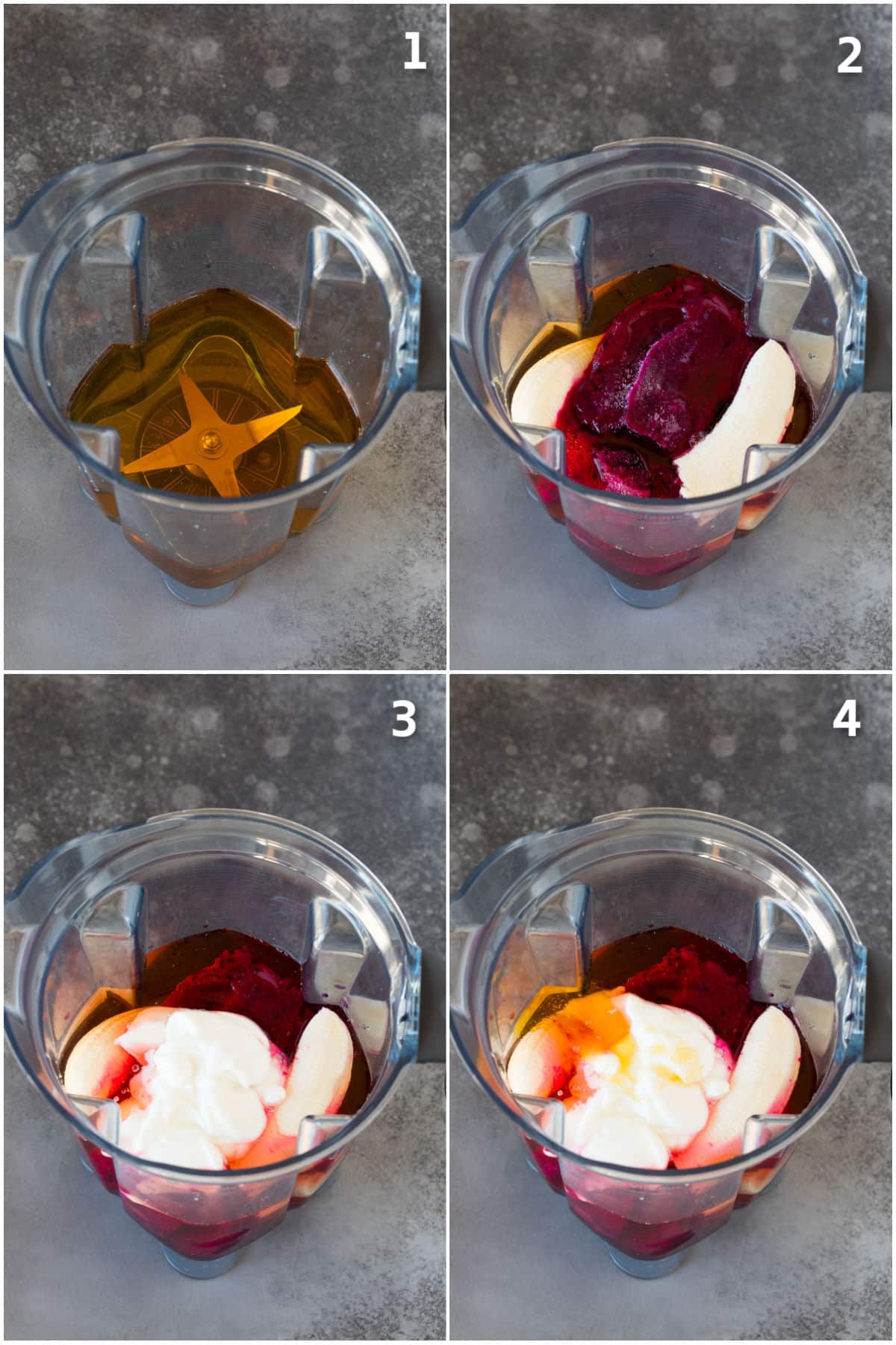 Apple juice, frozen dragon fruit, banana and yogurt in a blender.