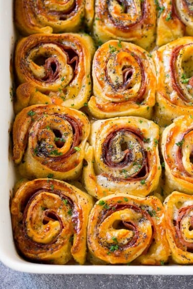 Ham and cheese pinwheels are an easy savory party snack.